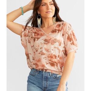 Daytrip Cow Print Mesh Top size Large, Copper Pink